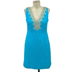 Lilly Pulitzer Bentley Shift Dress Searulean Blue Gold Embroidered